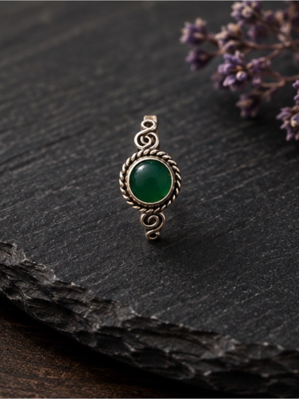 Sterling Silver Green Agate Ring - Elegant Green Gemstone Ring